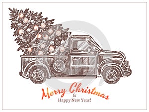 Delivery of christmas festive decorated fir-tree on retro pickup truck